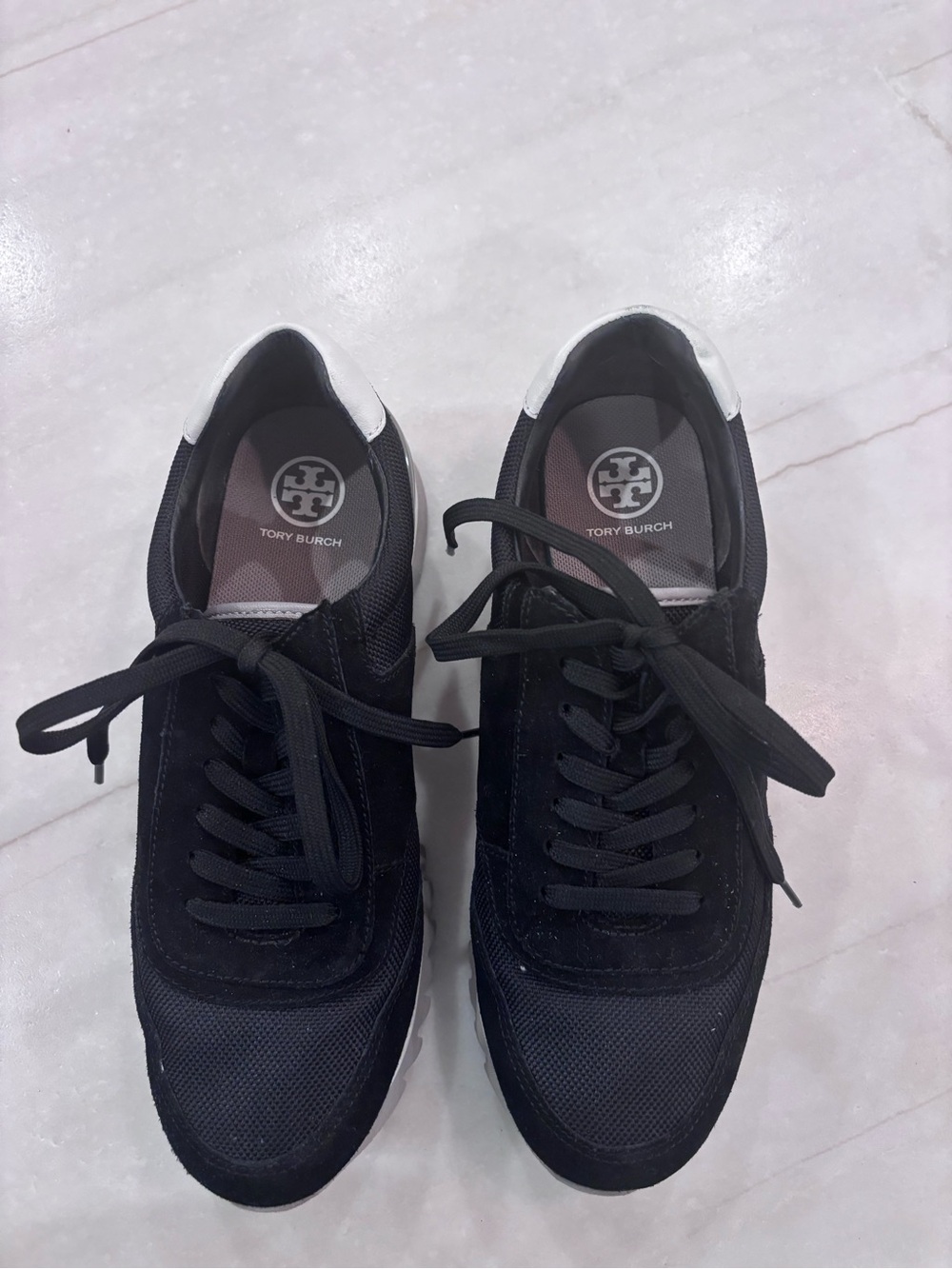 Tory Burch Women's Seude & Mesh Black Lace-Up Sneakers with White Heel Tab
